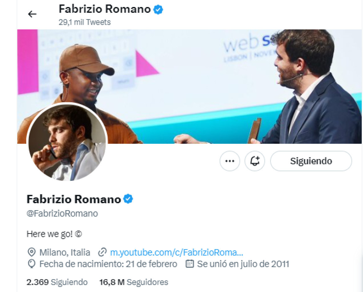 La cuenta de Fabrizio Romano en Twitter.