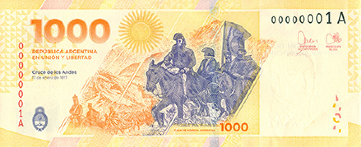 Nuevo billete de mil pesos con la imagen de José de San Martín. Foto: Telam.