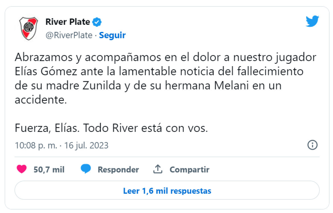 El posteo de River Plate. Foto: Twitter.