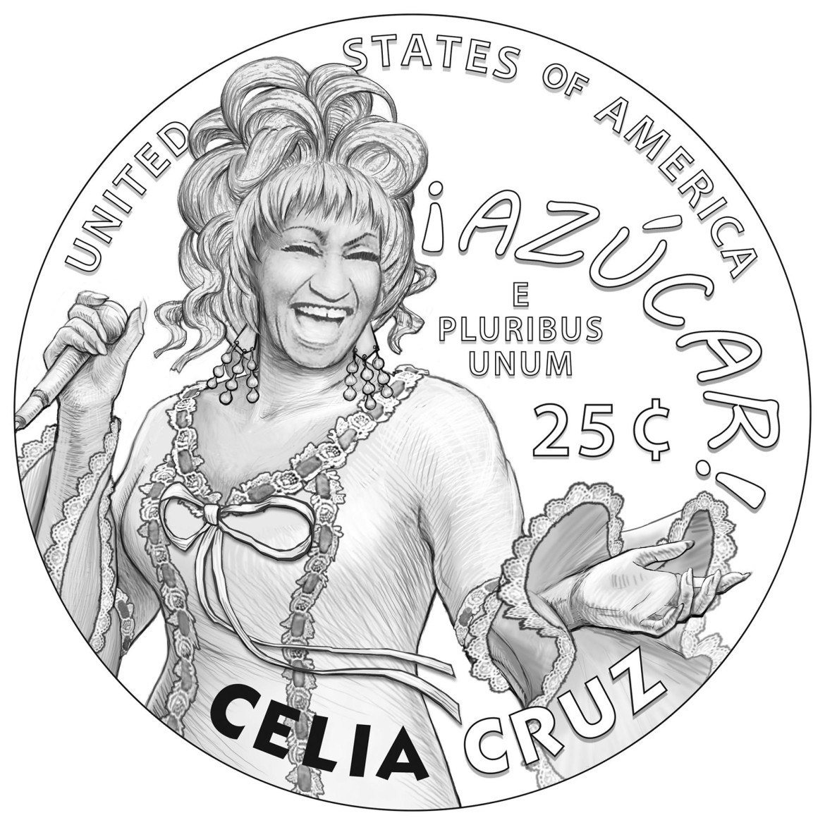 Celia Cruz y su grito ¡Azucar! plasmados en una moneda de 25 centavos de dólar. Foto: EFE.