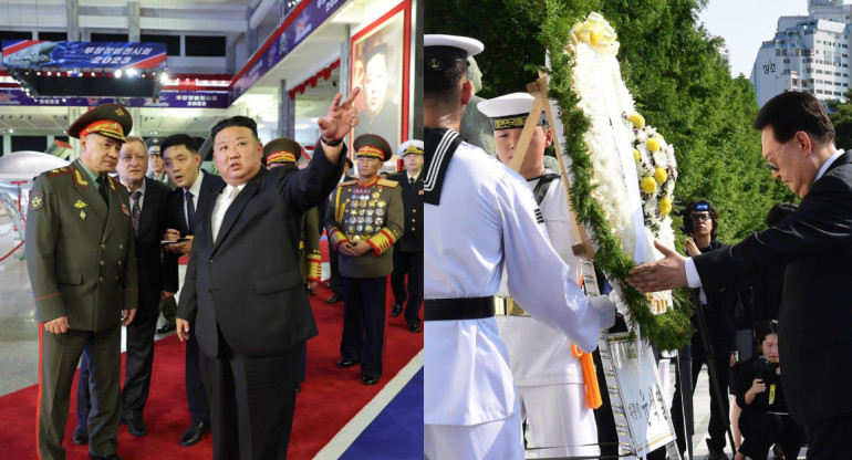 Los líderes de Corea del Norte y Corea del Sur en sus celebraciones. Foto: EFE