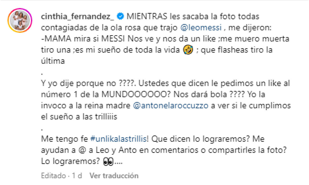 La publicación de Cinthia Fernández sobre su pedido a Lionel Messi. Foto: Instagram.