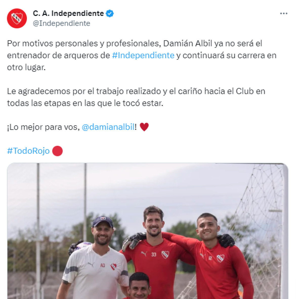Publicación de Independiente ante la renuncia de Damián Albil. Foto: Twitter.