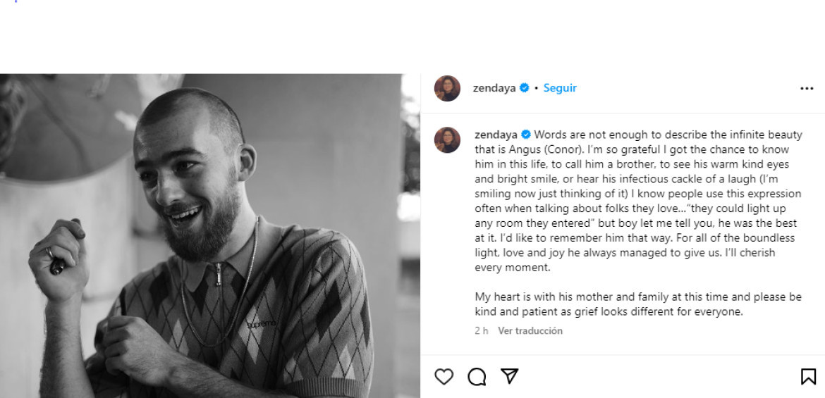 El posteo de Zendaya en Instagram tras la muerte de Angus Cloud.