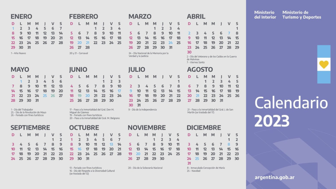 Calendario de feriados 2023. Foto Ministerio del Interior argentina.gob.ar.