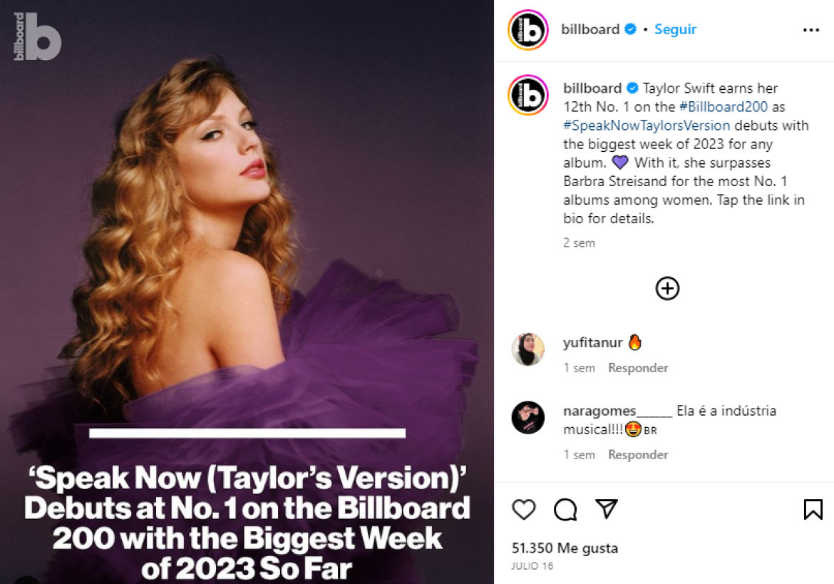 Publicación de Billboard en Instagram.