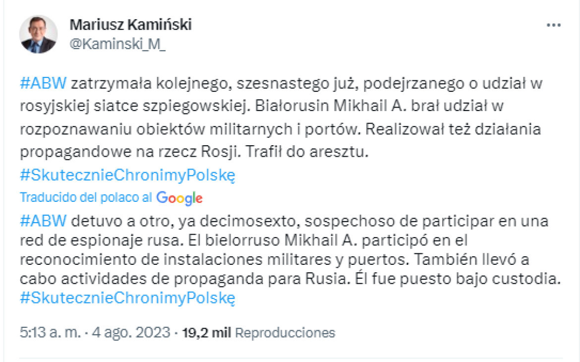 Polonia informó de la detención de un bielorruso por espionaje. Foto: Twitter.