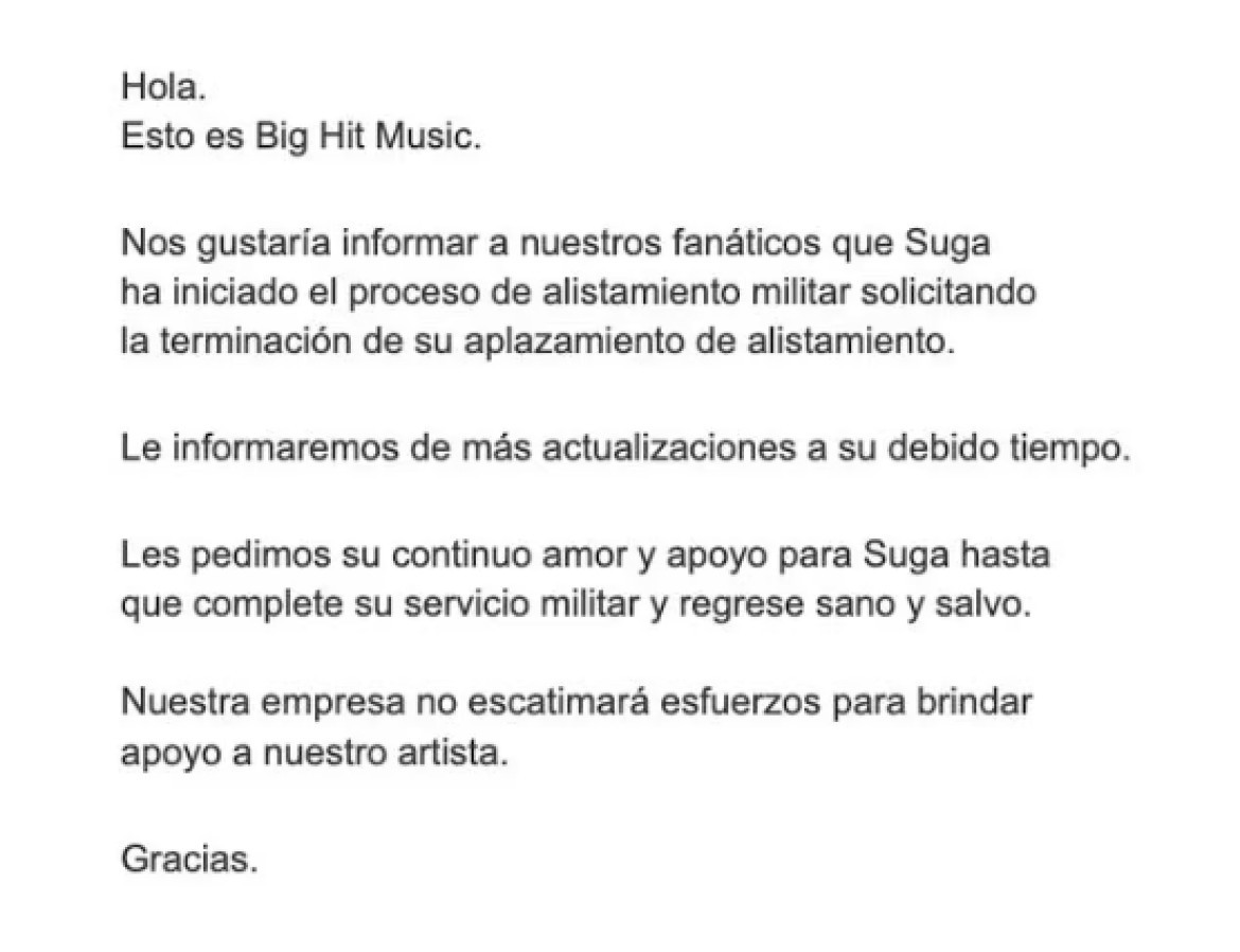 Comunicado oficial de BigHit. Foto: Bighitmusic.