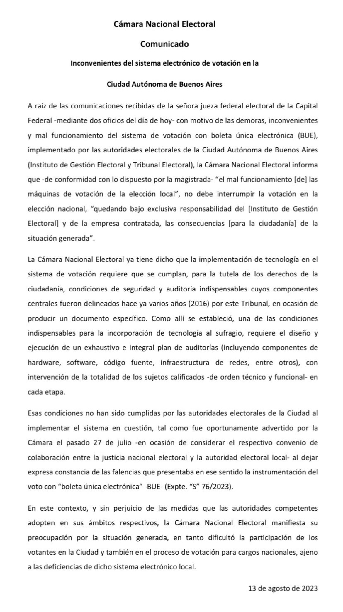 Comunicado de la Cámara Nacional Electoral sobre la votación en la Ciudad de Buenos Aires. Foto: Twitter.