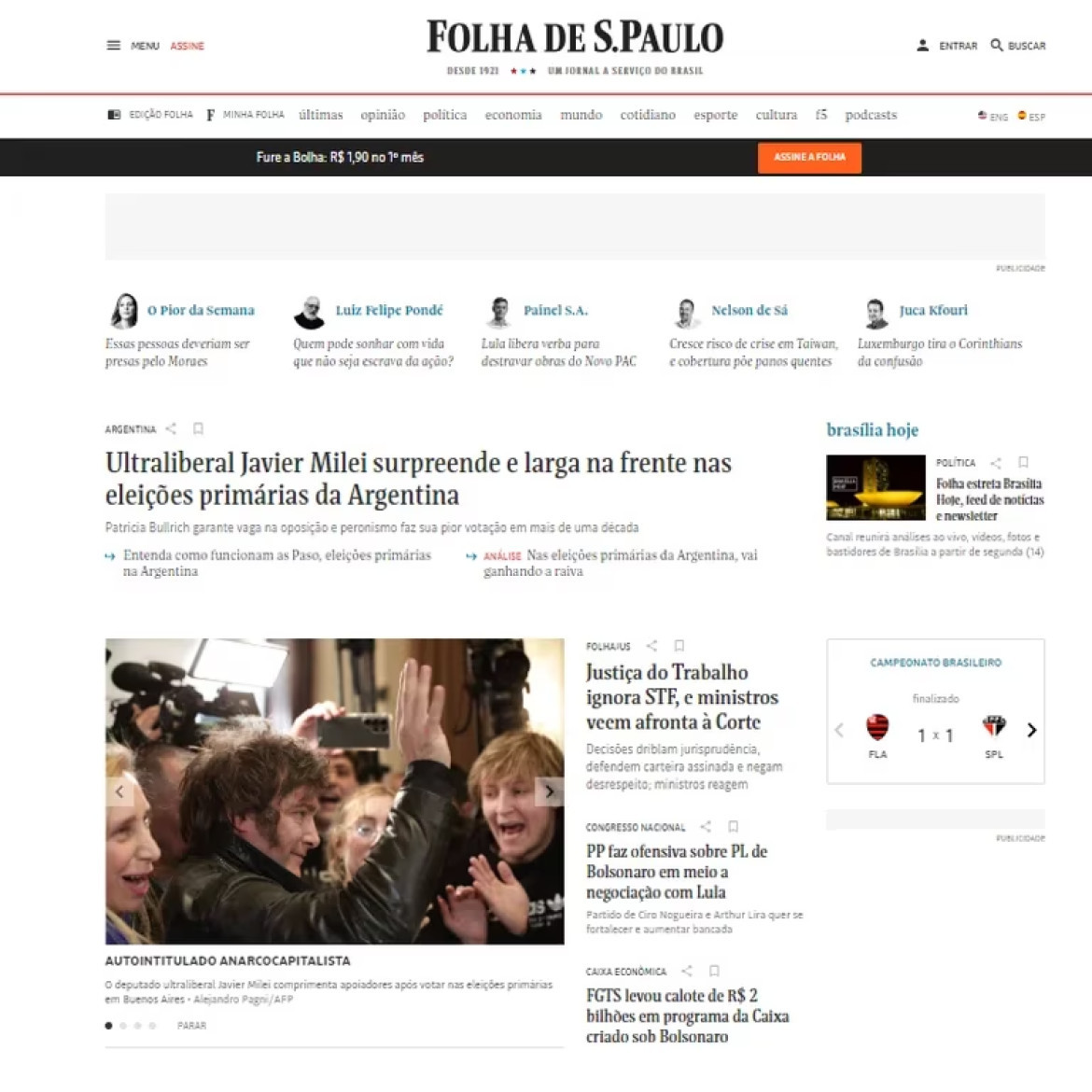 Las principales notas destacadas en la Folha de S. Paulo, Brasil