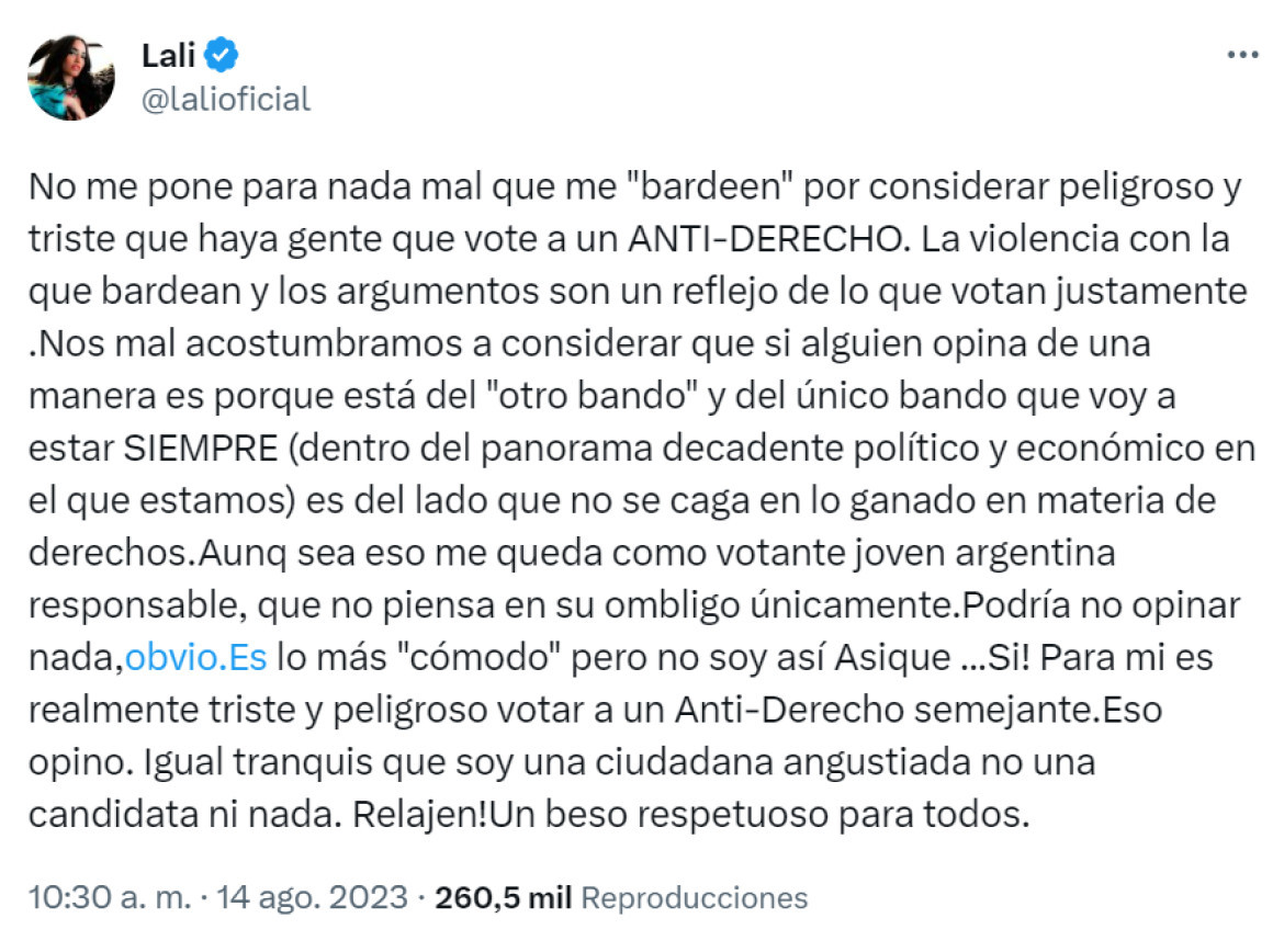 La respuesta de Lali Espósito. Foto: Twitter.