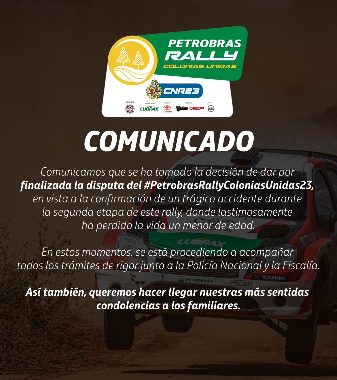 Suspensión de la fecha de rally. Foto: Twitter @rallypy.