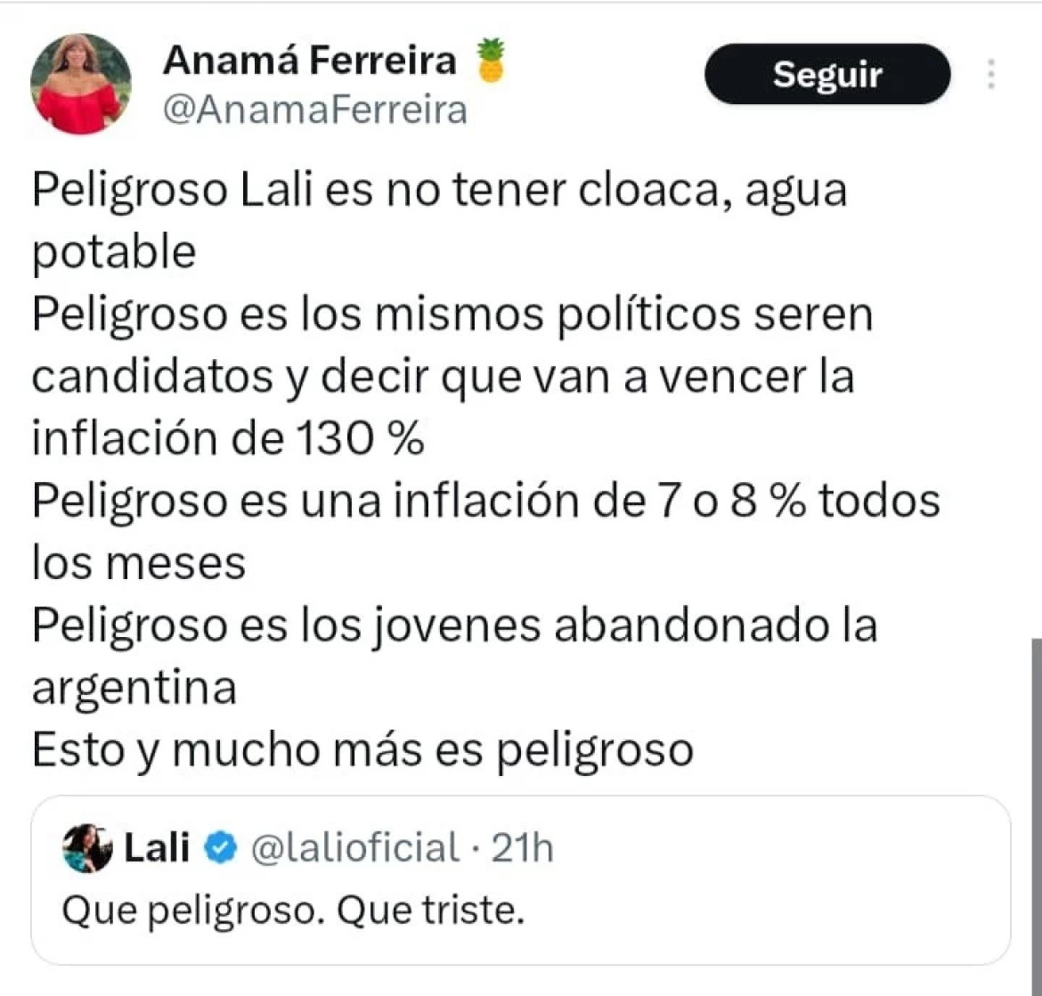 Anamá Ferreira en contra de Lali. Foto: NA.