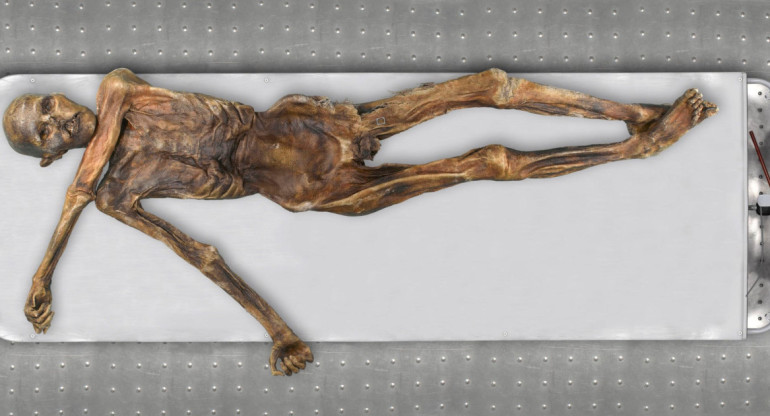 Cadáver momificado de Ötzi, el Hombre de Hielo de los Alpes. Foto: EFE.
