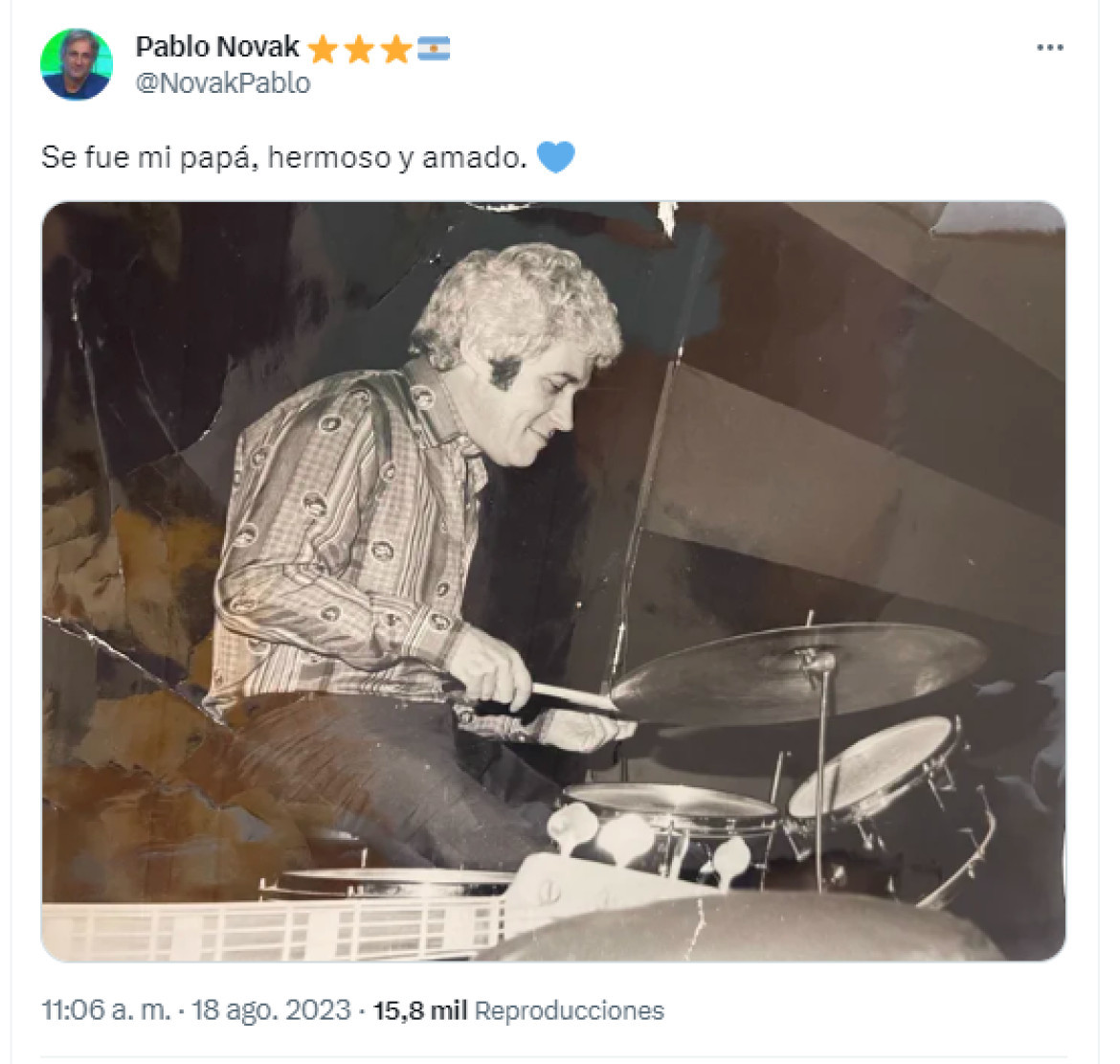 El mensaje de Pablo Novak sobre la muerte de su padre, Chico Novarro. Foto: Twitter.