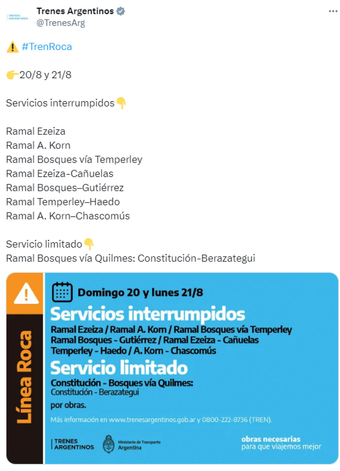 Servicios interrumpidos en el Tren Roca. Foto: Twitter.