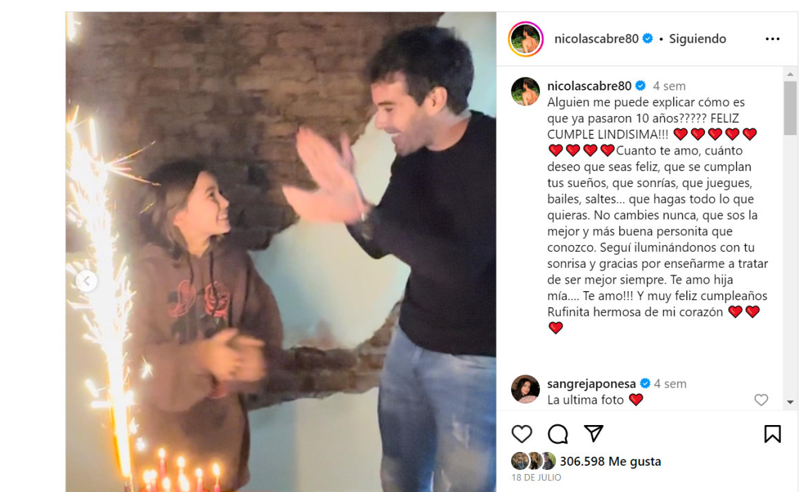 La publicación de Nicolás Cabré por el cumple de Rufina. Foto: Instagram.