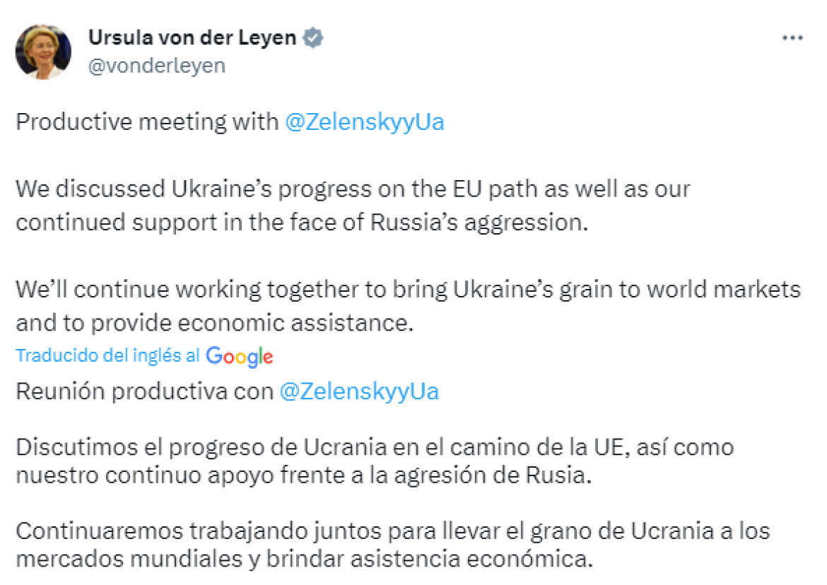 Mensaje de Ursula Von der Leyen. Fuente: Twitter.