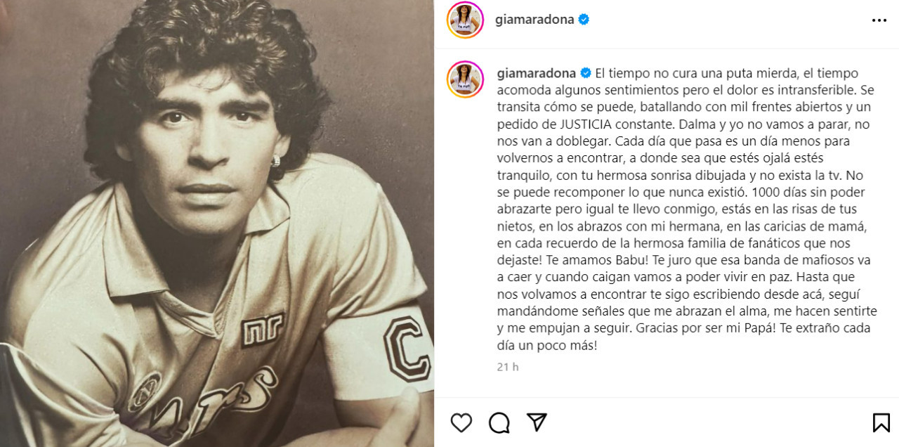 La pubicación de Gianinna para Diego. Foto: Instagram.
