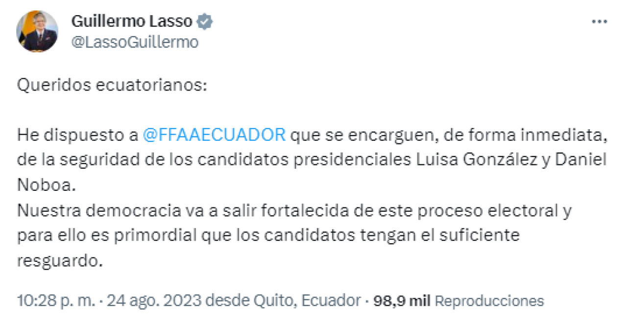 El mensaje de Guillermo Lasso sobre la seguridad para los candidatos presidenciales. Foto: Twitter.
