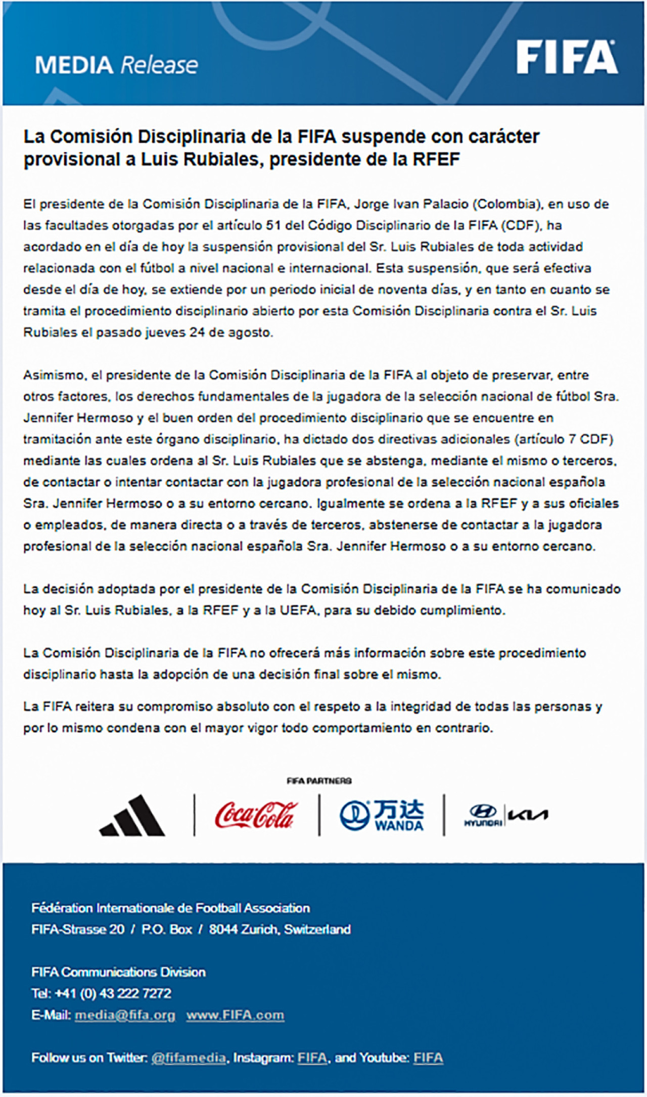 Fallo de FIFA sobre el caso Luis Rubiales. Foto: EFE.