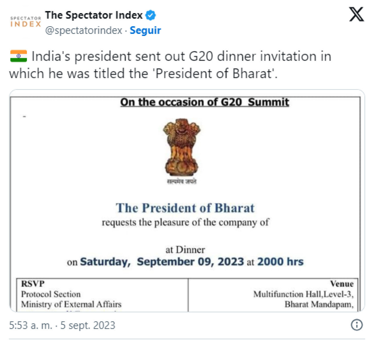 La presidenta de India firmó la invitación a la cena del G20 como Presidenta de Bharat. Twitter.