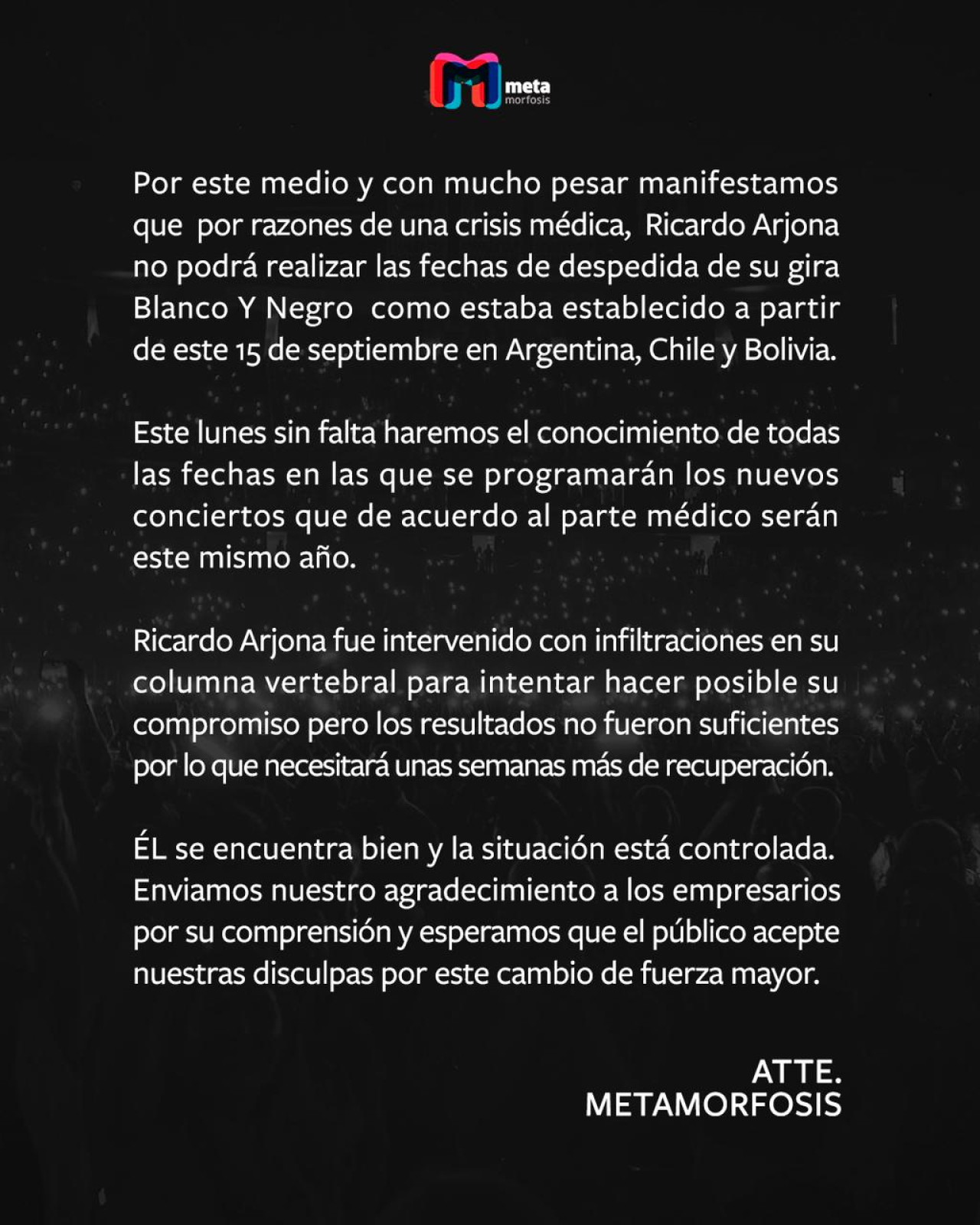Comunicado de Ricardo Arjona sobre su cancelación de shows en Argentina.