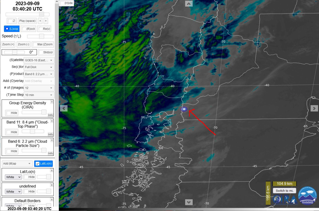 Imagen del radar satelital que captó el fenómeno que iluminó a Bariloche. Foto: X.