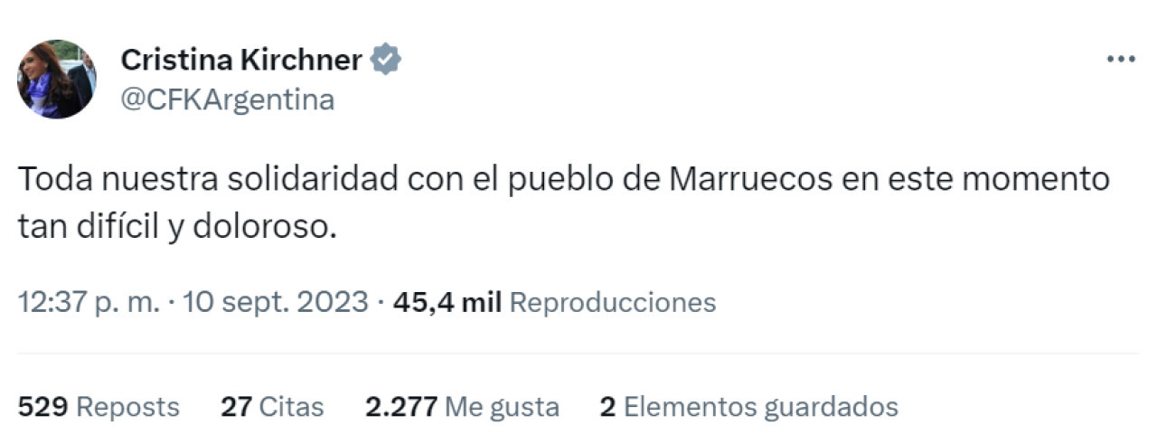 El posteo de Cristina Fernández de Kirchner. Foto: Twitter.
