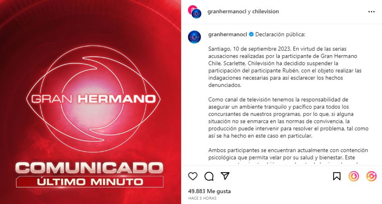 El comunicado oficial de GH Chile sobre el acoso de un participante. Foto: Instagram.