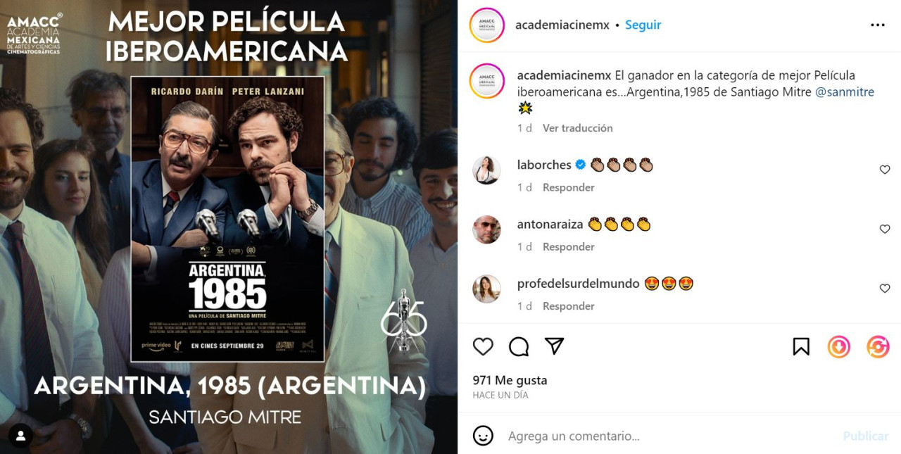 "Argentina 1985" triunfó en la gala de los Premios Ariel 2023. Foto: Instagram @academiacinemx.