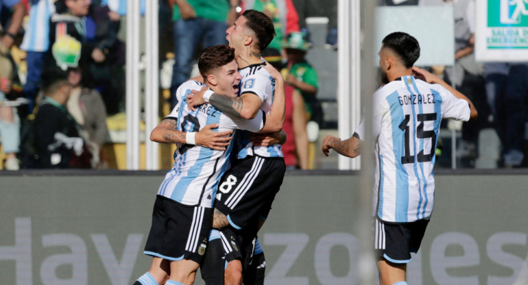 Festejo de la Selección argentina ante Bolivia por las Eliminatorias. Foto: NA