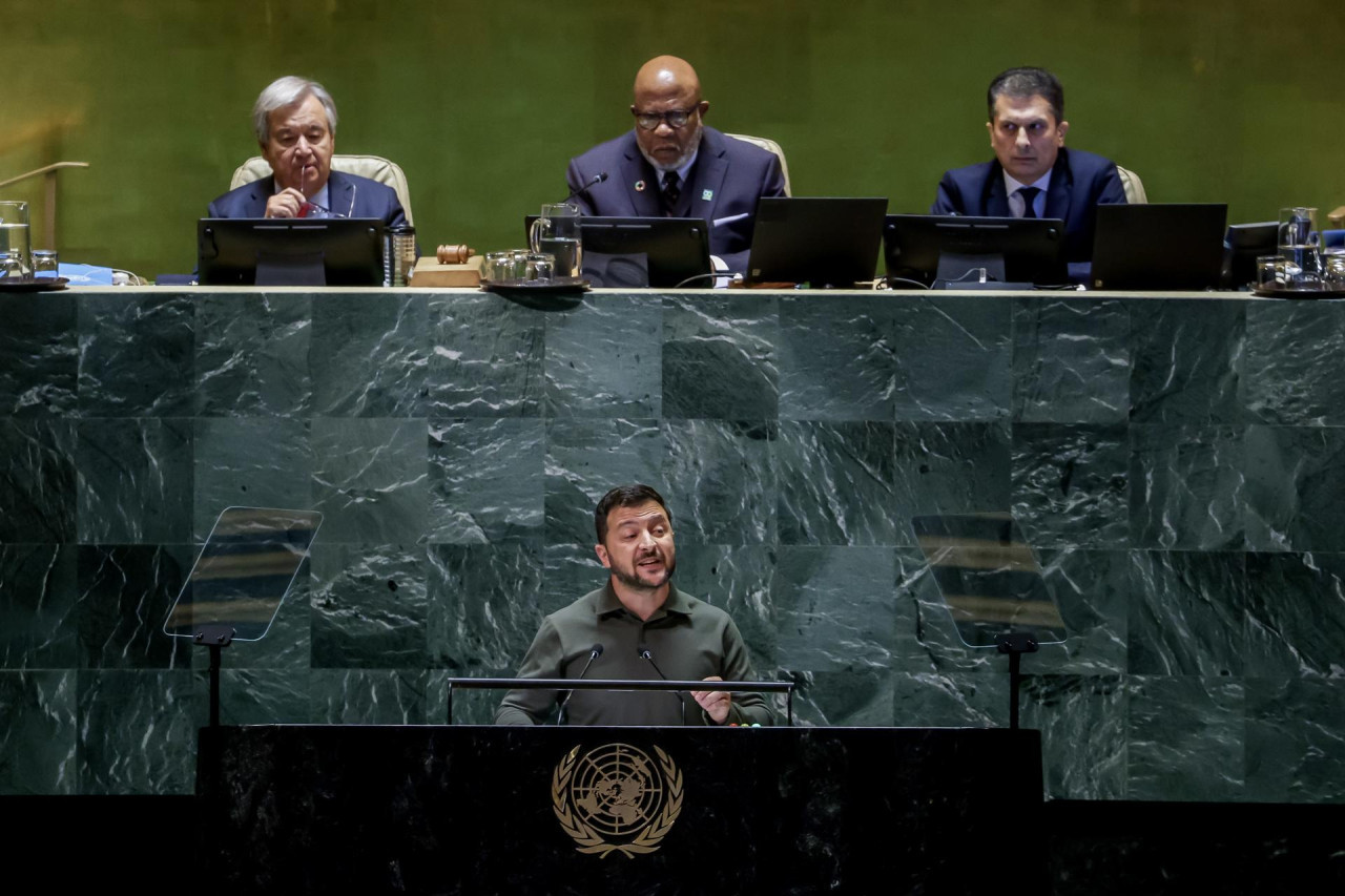 Volodimir Zelenski en la Asamblea General de la ONU. Foto: EFE.