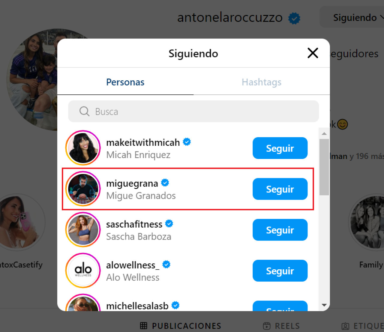 Anto Roccuzzo sigue en Instagram a Migue Granados. Foto: Instagram.