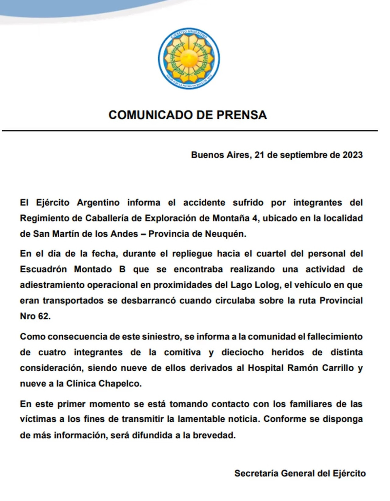 El comunicado del Ejército Argentino luego del accidente fatal.