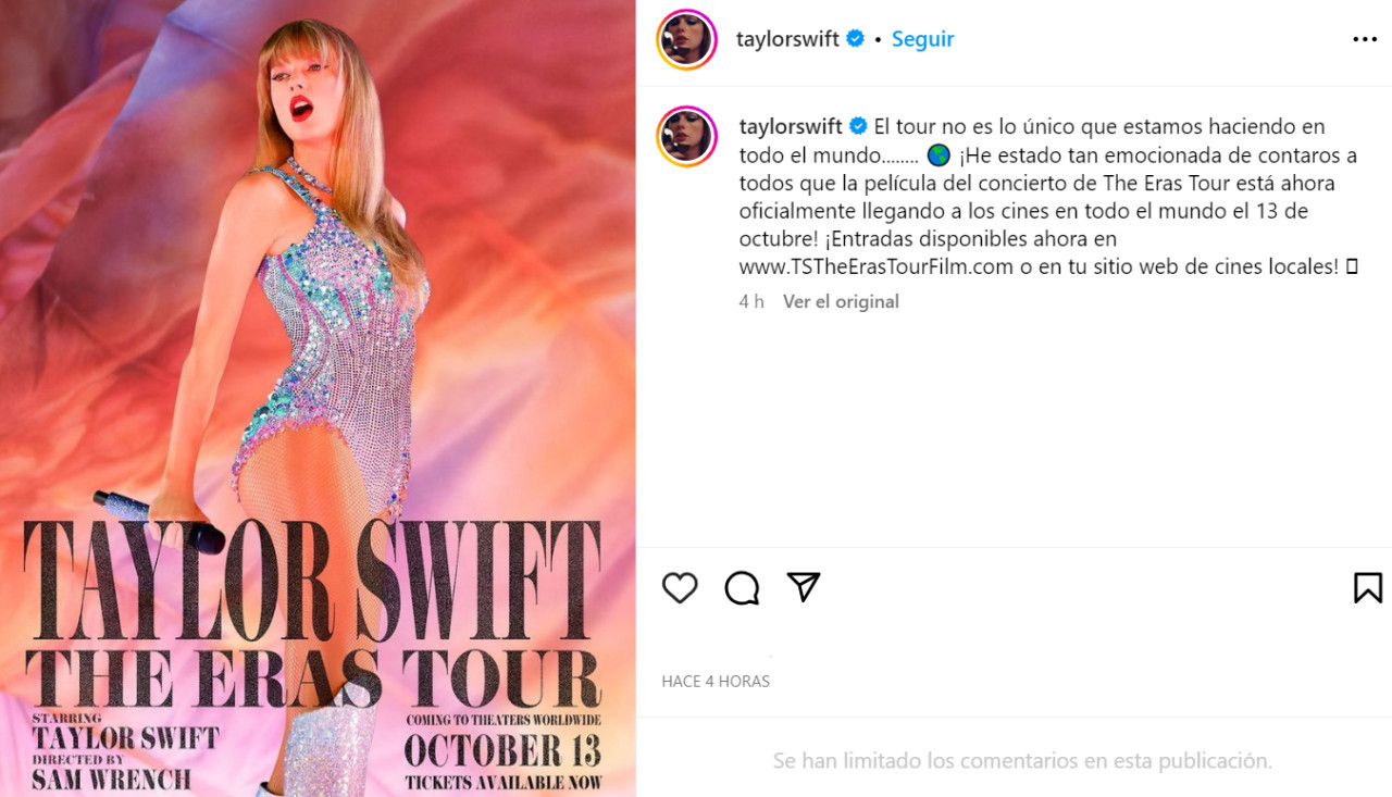 El anuncio de Taylor Swift. Foto: Instagram.