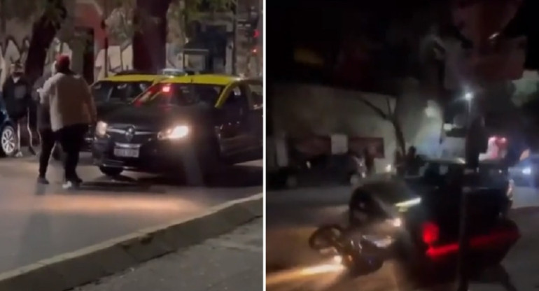 Video impactante: una feroz pelea entre taxistas en Palermo terminó con un motoquero atropellado