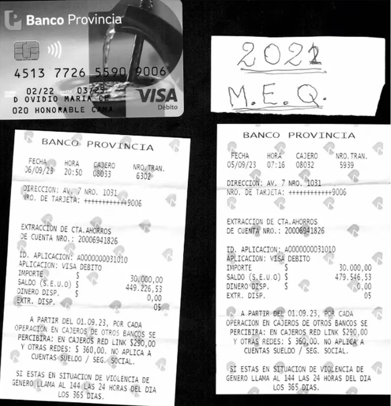 Tarjeta y comprobantes encontrados a Julio "Chocolate" Rigau.