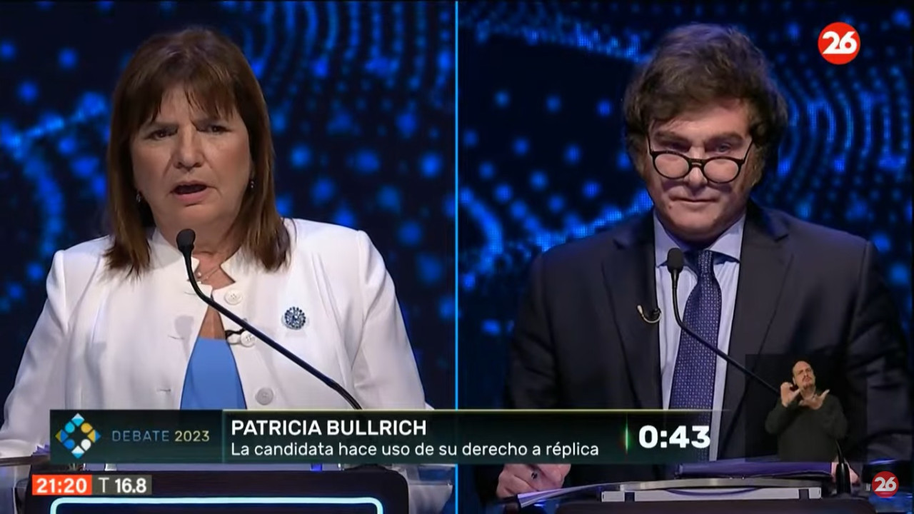 Debate presidencial 2023, Patricia Bullrich y Javier Milei. Foto: captura de TV.