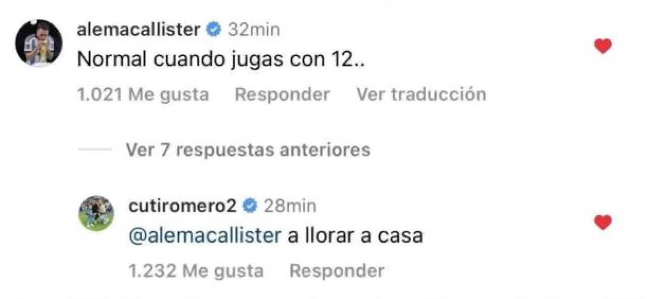 El polémico comentario de Alexis Mac Allister y la respuesta de Cuti Romero. Foto: Instagram.