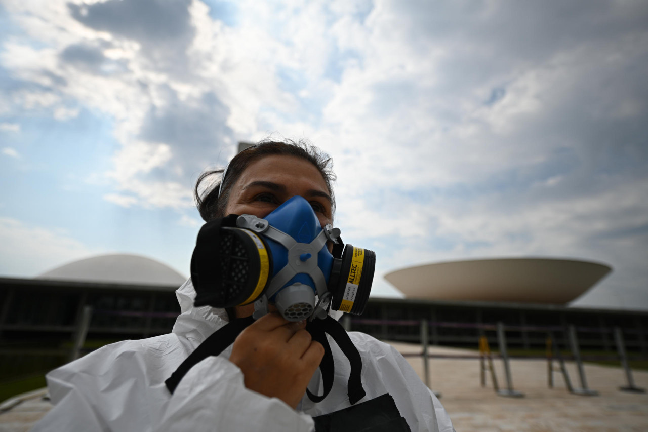 Activistas de Greenpeace hacen una protesta frente al Congreso Nacional en Brasilia. EFE.