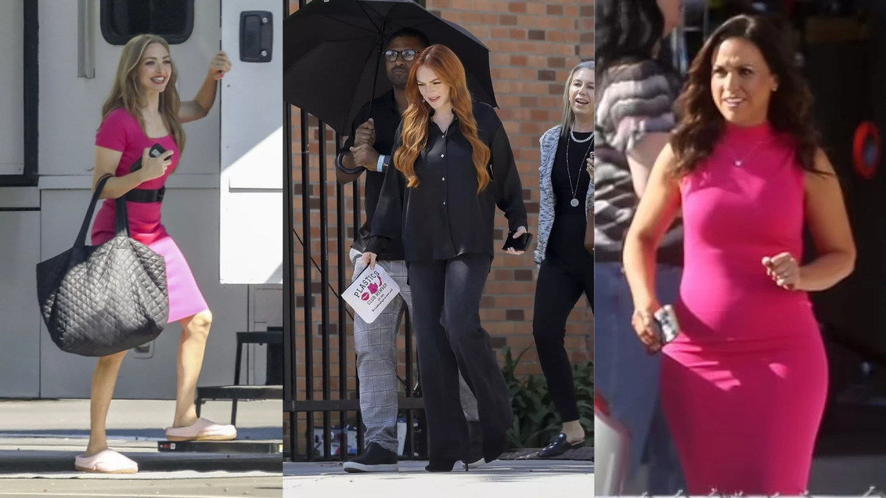 Lindsay Lohan, Amanda Seyfried y Lacey Chabert grabando juntas en Los Ángeles. Fotos: NA.