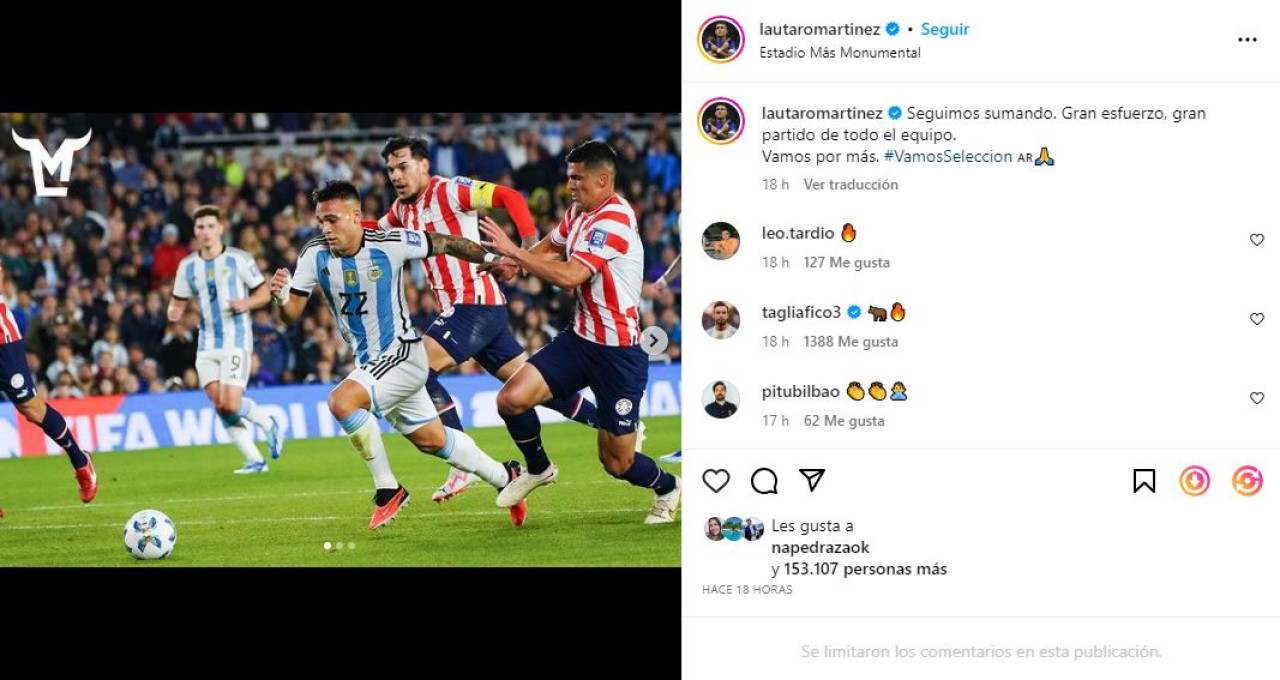 Lautaro Martínez limitó las comentarios en Instagram. Foto: Instagram @lautaromartinez.