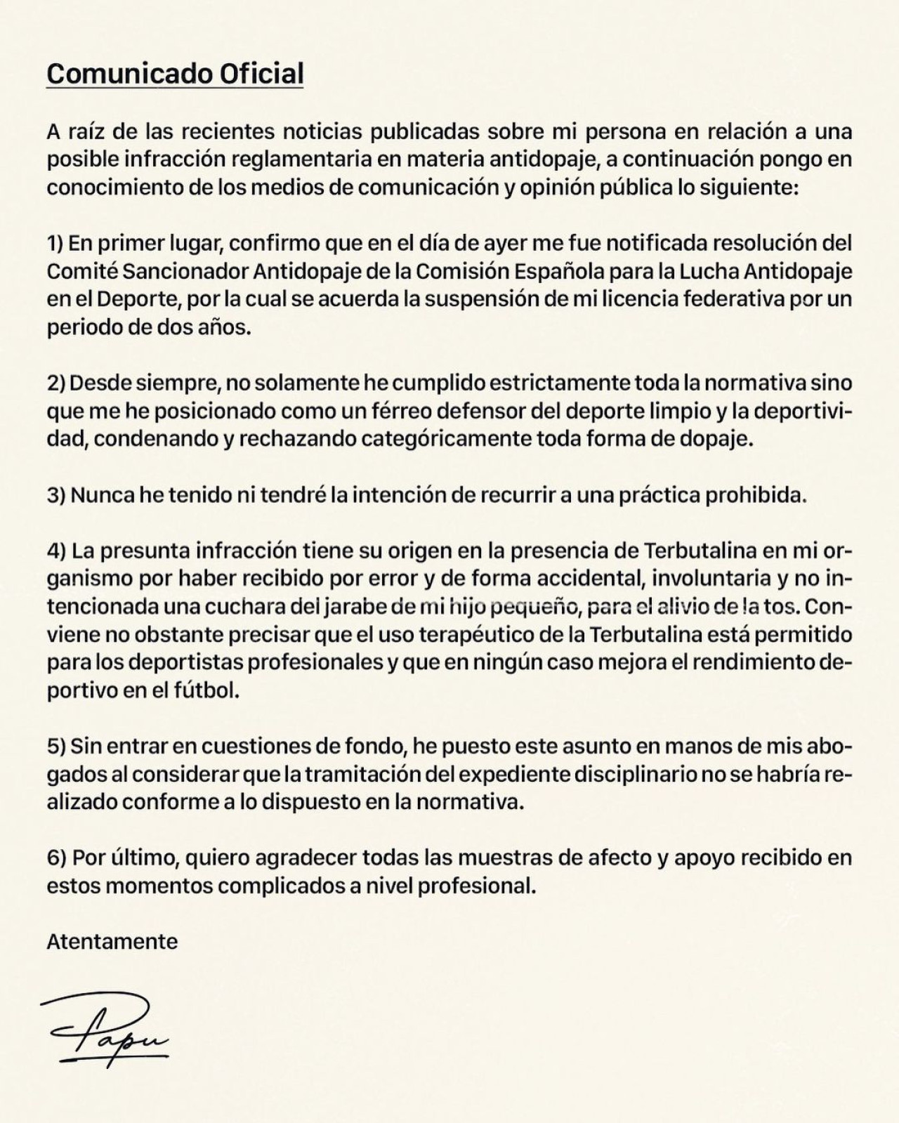 El comunicado oficial de Alejandro "Papu" Gómez. Foto: Instagram @papugomez_official.
