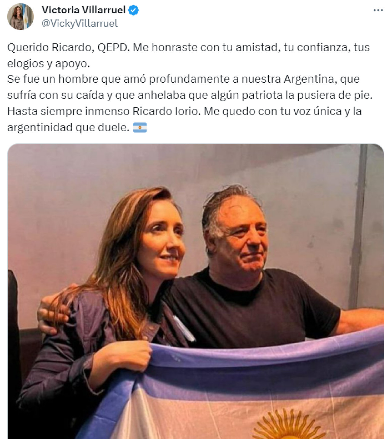 La candidata a vicepresidenta le dedicó un mensaje a Ricardo Iorio tas su muerte. Foto: Twitter.