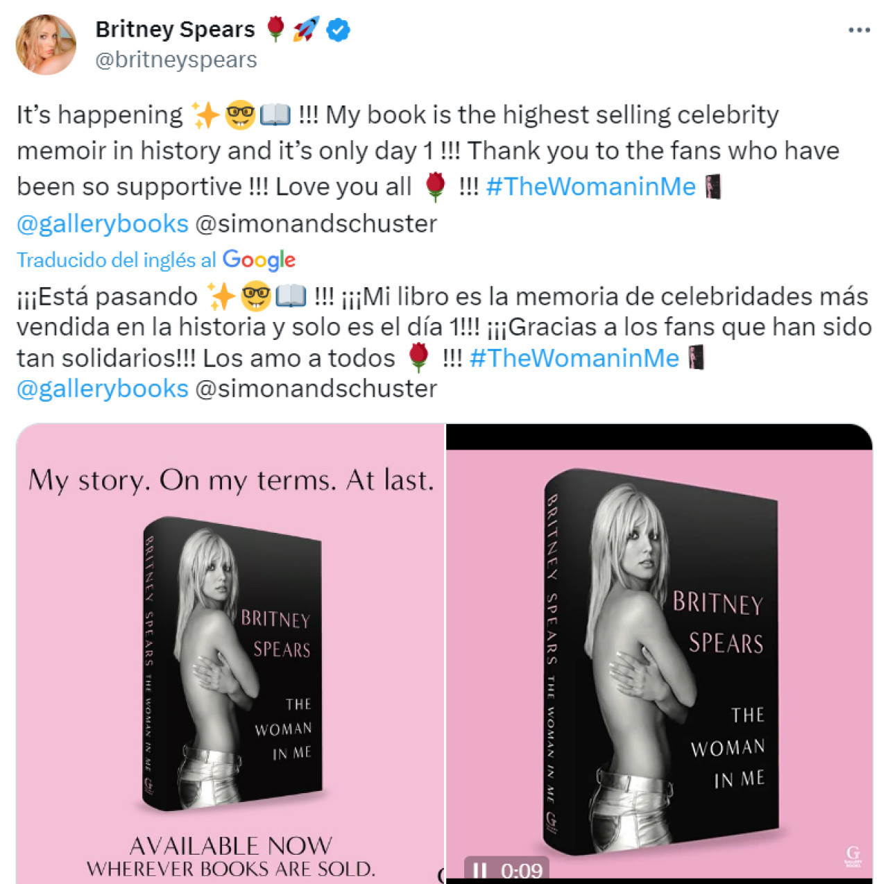 El posteo de Britney Spears por la venta de su libro. Foto: Twitter.