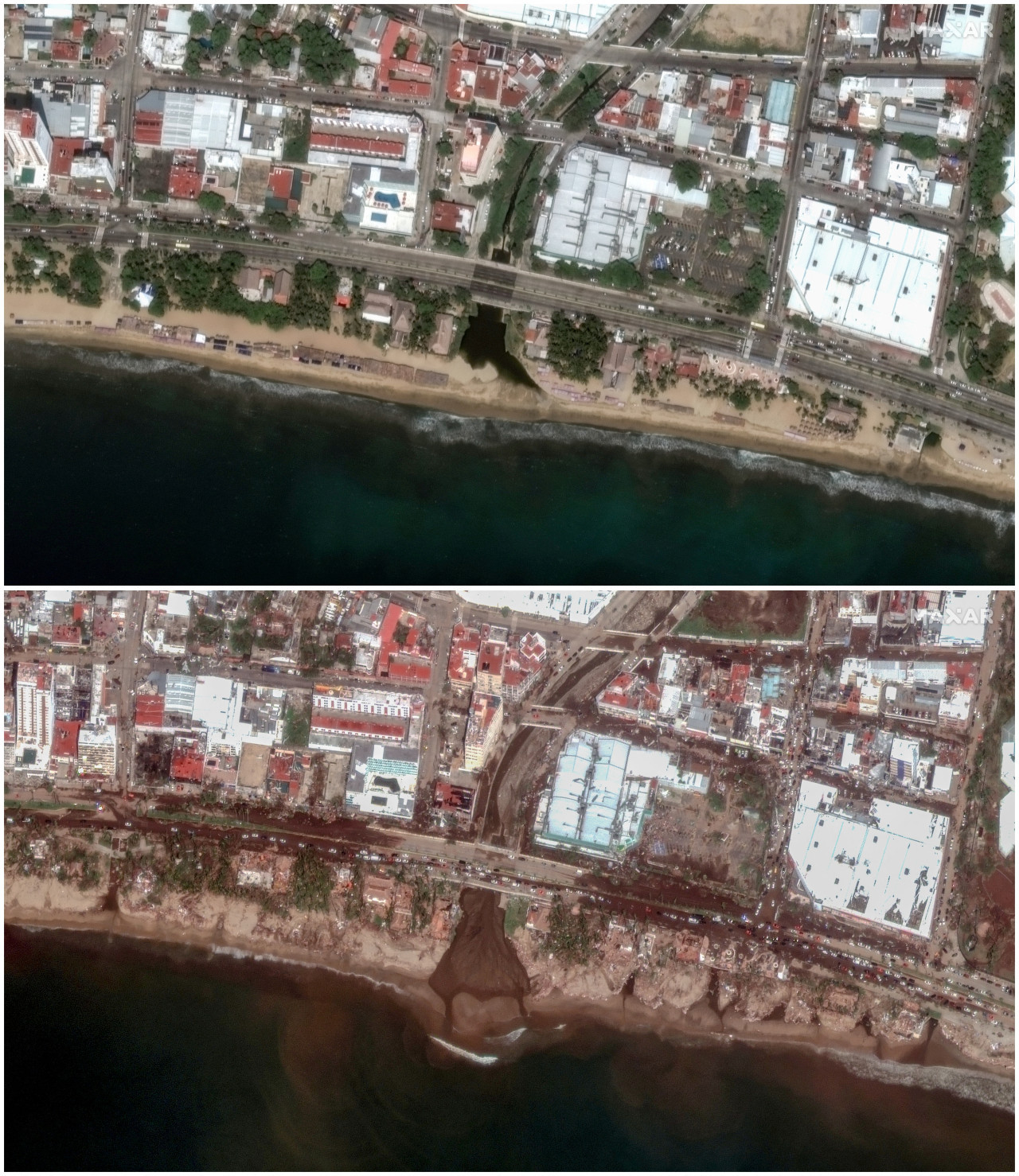 El antes y después de Acapulco tras el paso del huracán Otis en México. Foto: Reuters.