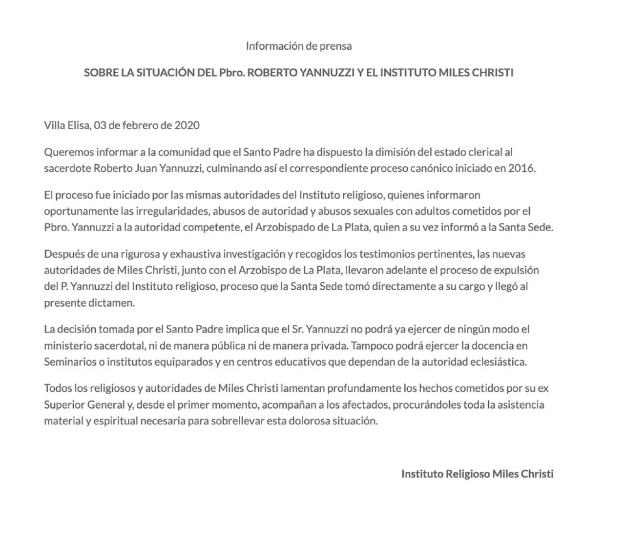 El comunicado que anunció la expulsión de Yannuzzi