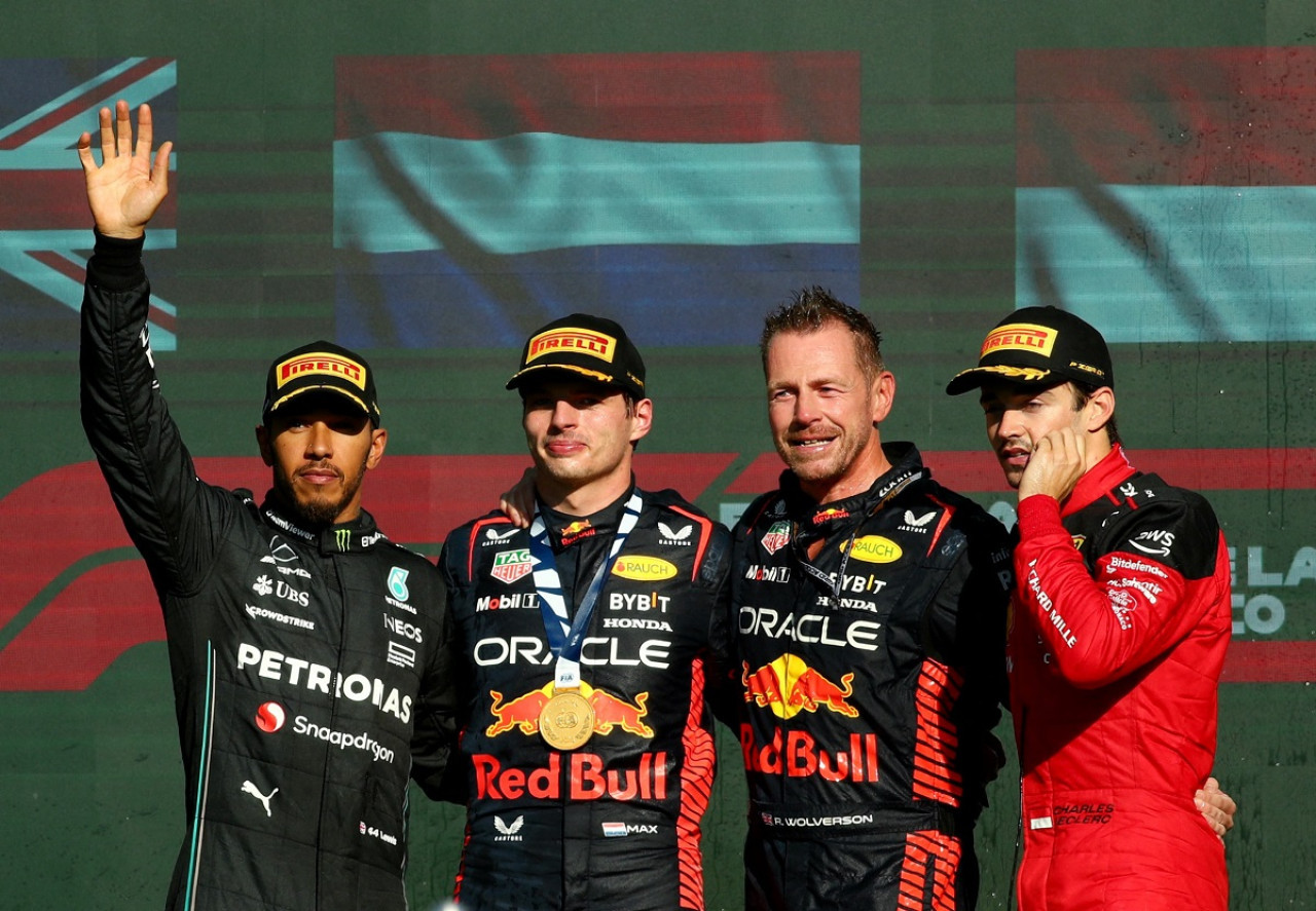 Max Verstappen, Lewis Hamilton y Charles Leclerc, el podio del Gran Premio de México. Foto: Reuters.