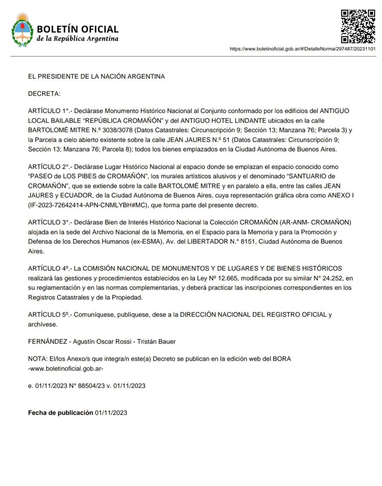 El decreto que decretó al boliche República Cromañón como Monumento Histórico Nacional. Foto: Boletín Oficial.